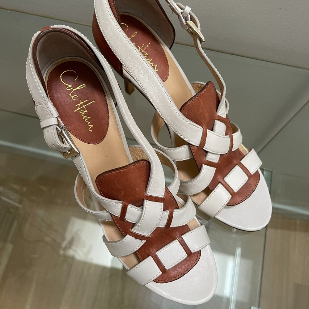 NEW Cole Haan White/Ivory Brown Leather Strappy Heels Sandals